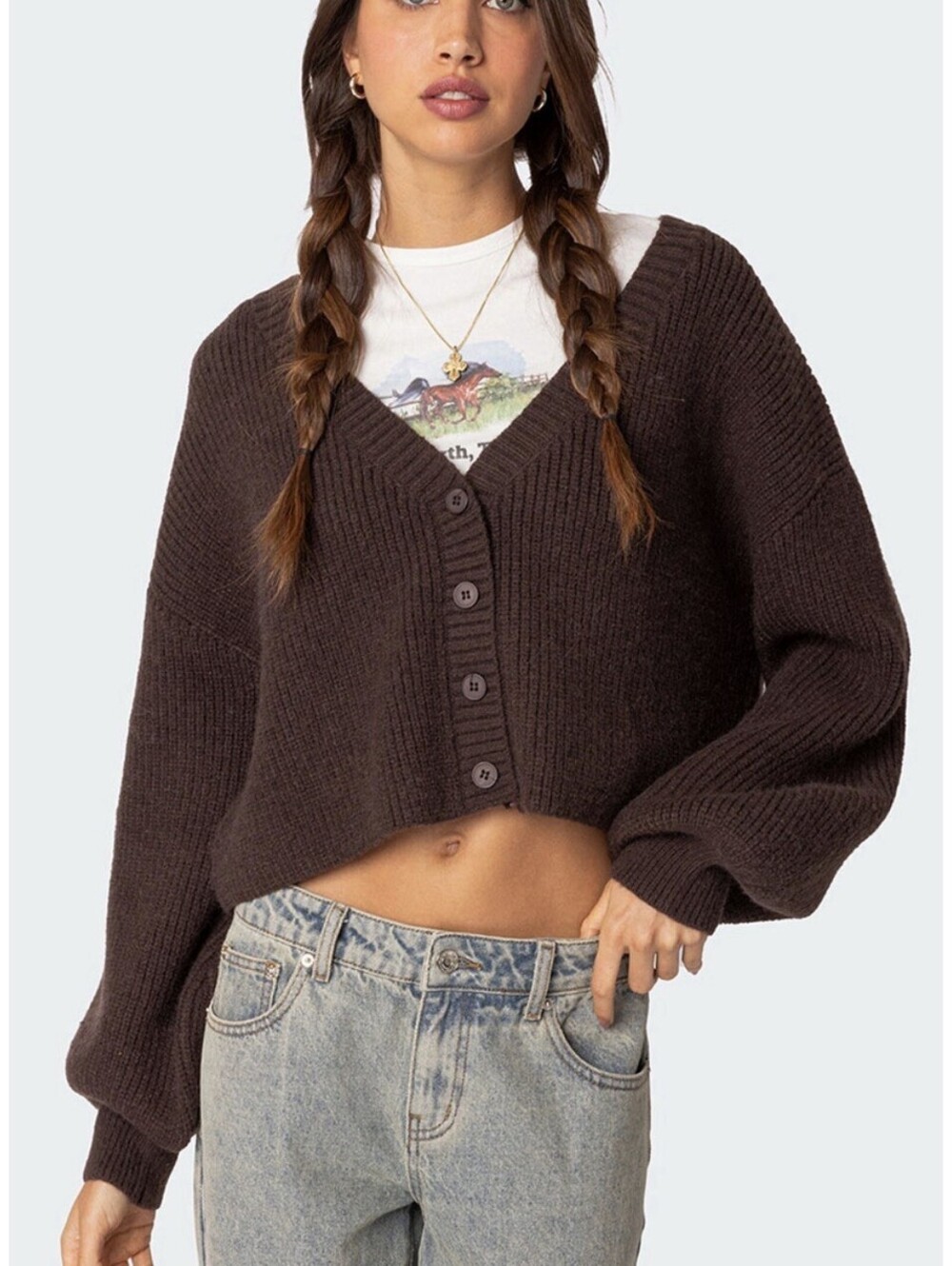 Edikted XS Sabrina Chunky Knit Cropped Cardigan Chocolate Brown New W/O Tags